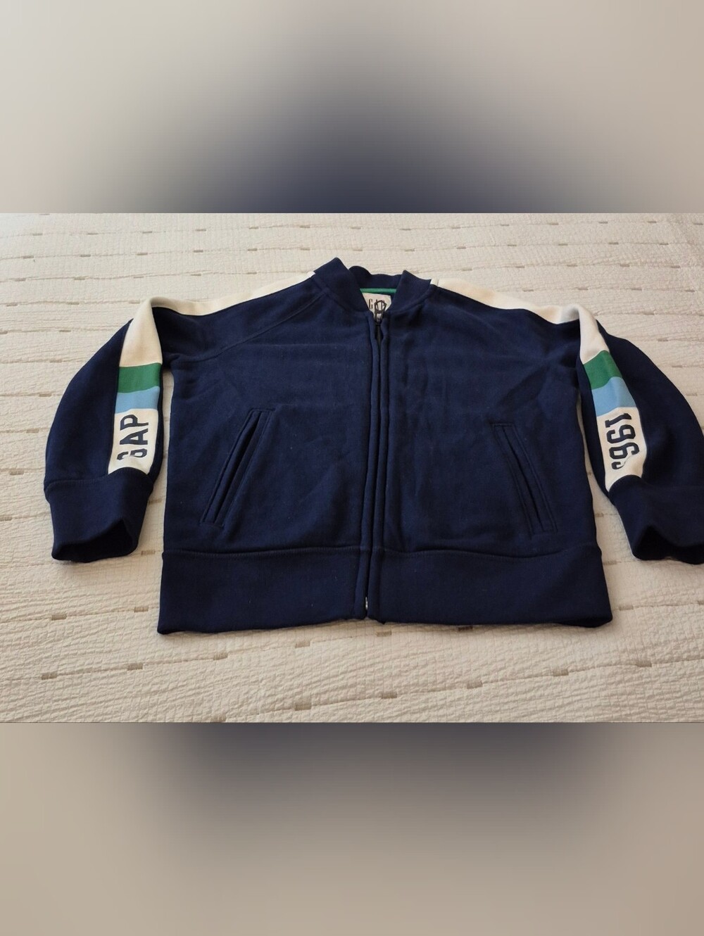 GAP Navy Jacket with Cream and Green Logo Stripe